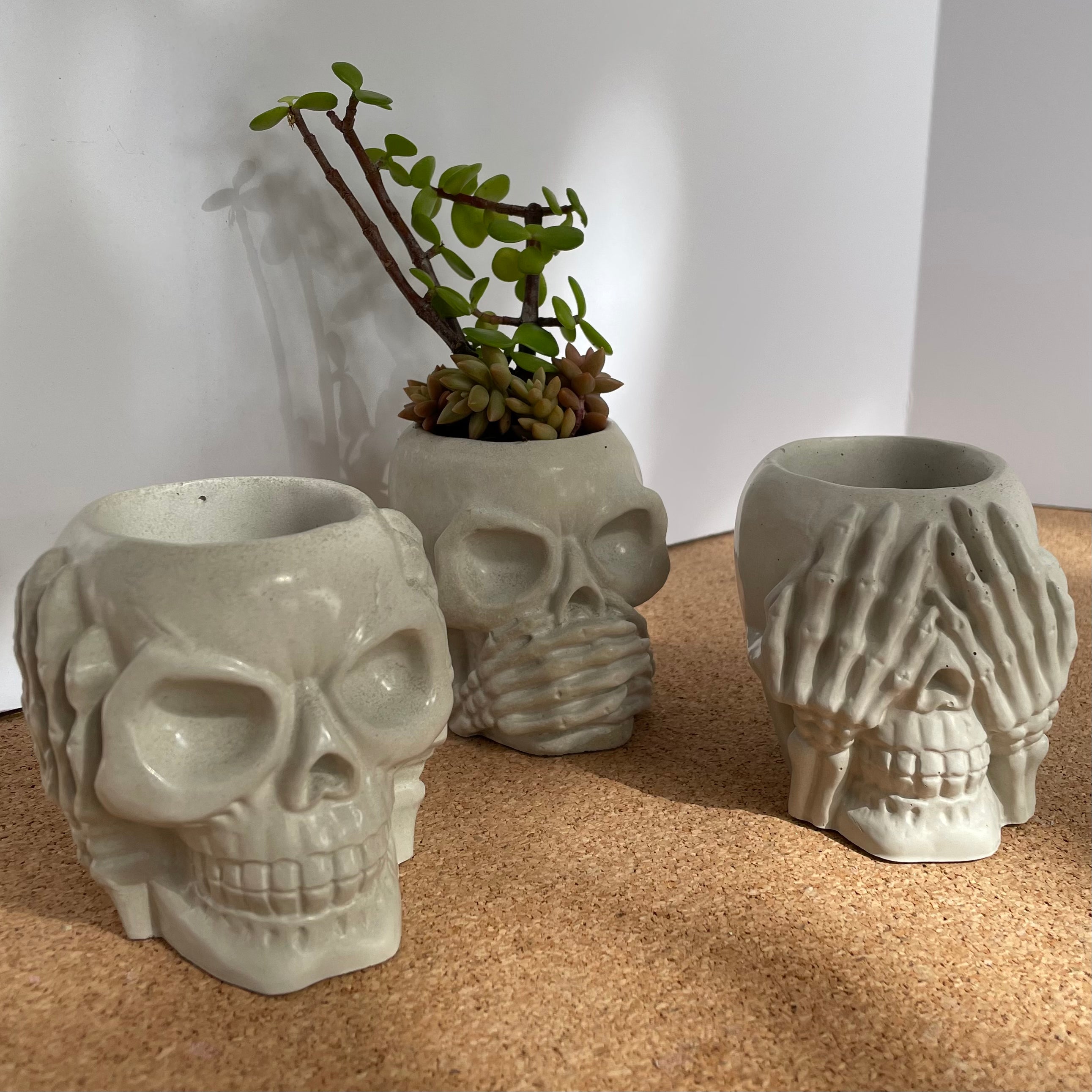 Skull Planter see no evil, heat no evil, speak no evil planters