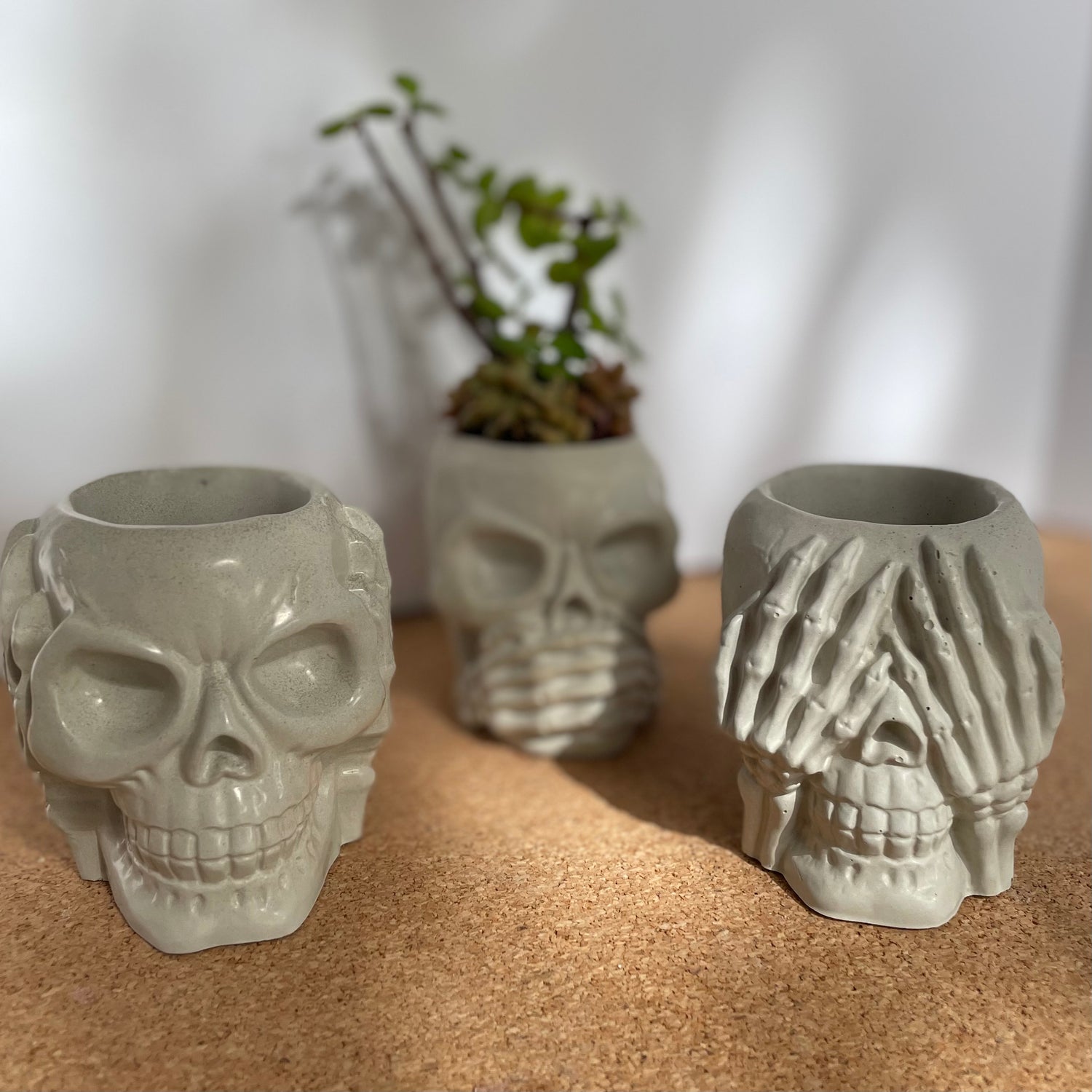 Skull Planter see no evil, heat no evil, speak no evil planters