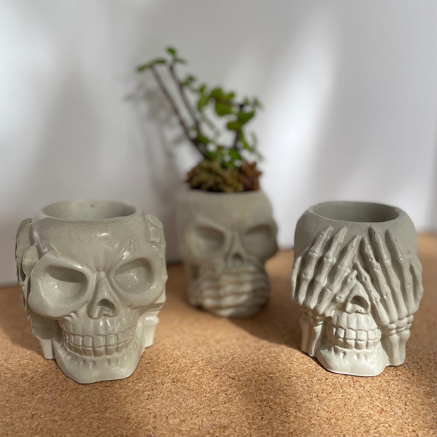 Skull Planter see no evil, heat no evil, speak no evil planters