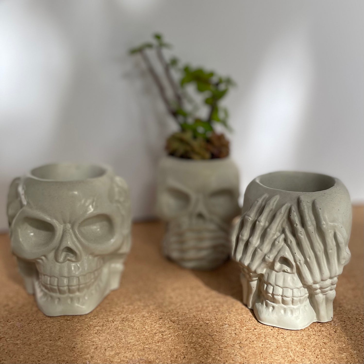 Skull Planter see no evil, heat no evil, speak no evil planters