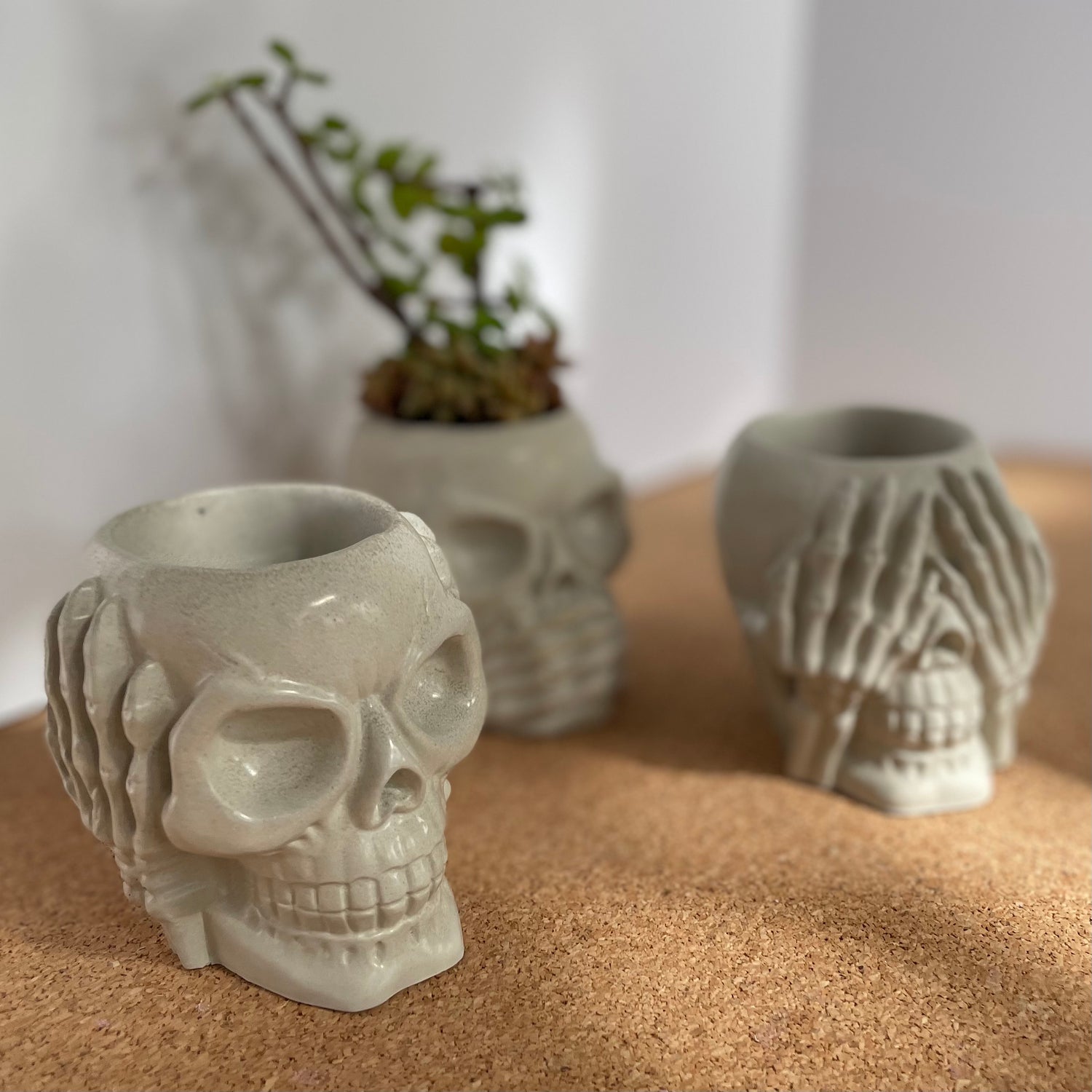 Skull Planter see no evil, heat no evil, speak no evil planters