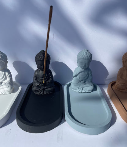 Buddha Incense Stick Holder and Burner with Oval Decorative Tray Handmade from Cement